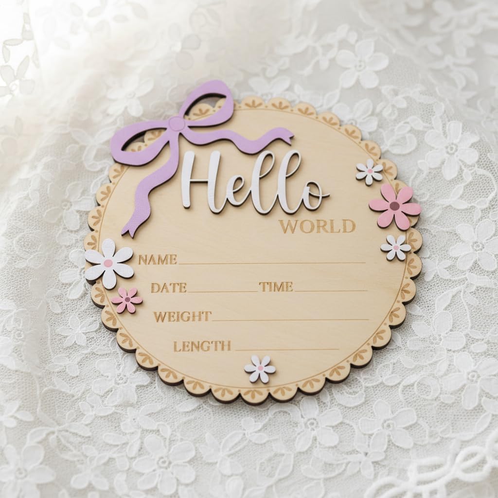 Hello World Wooden Baby Birth Announcement Sign, Pink Floral Newborn Name Date Time Weight Length Board, Baby Girl Nursery Decor Photo Prop Keepsake (Light purple ribbon)