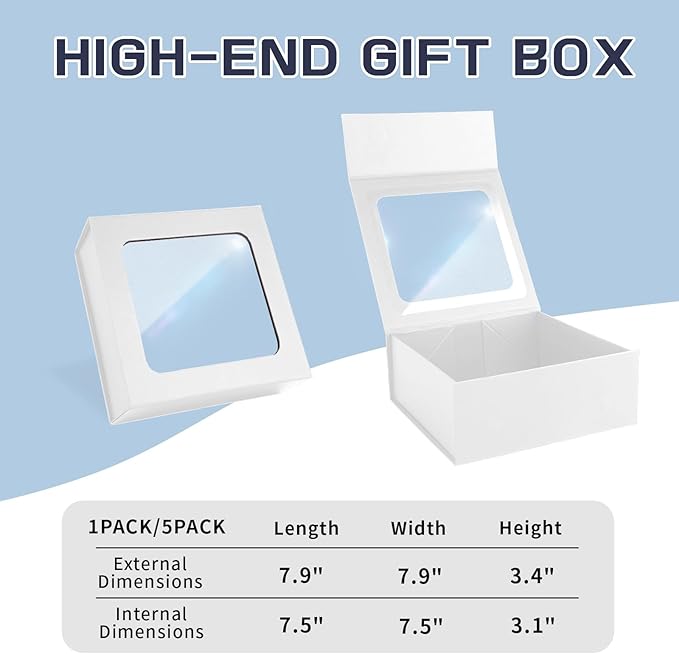 White Gift Boxes with Window,7.5"x7.5"x3.1" Bridesmaid Boxe for Gift Giving,Birthday Gift Box with Magnetic,Closure Lid Gift Boxes for Presents,Cute Boxe,Luxury for Gift Packaging,Gift Box for Wrapping Gifts
