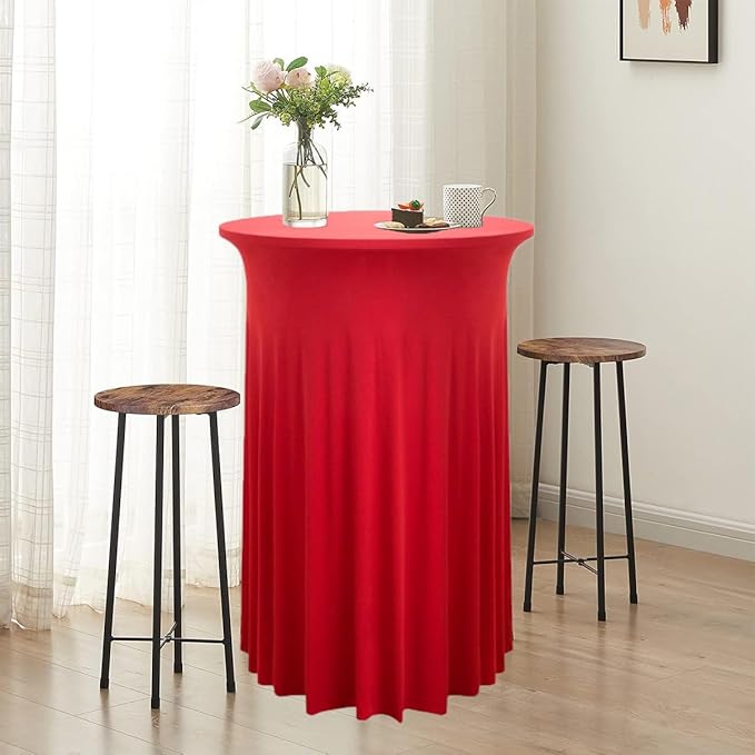 Albassa 2 Pack Cocktail Table Covers 32"x 43" Spandex Stretch Round Cocktail Tablecloths with Wavy Drapes Fitted High Top Bar Table Skirts for Wedding Party Banquet (Red, 2 PCS)