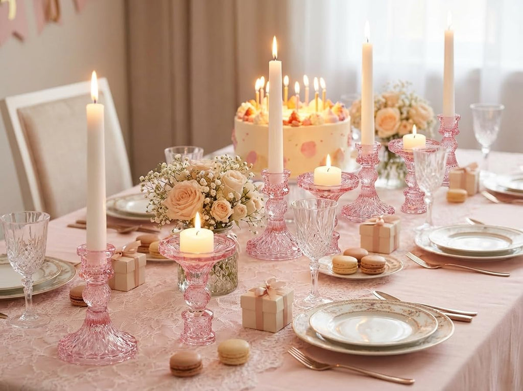 Glass Candle Holder Set of 12, Pink Taper Candle Holders Bulk, Vintage Candlestick Holders, Candle Stick Holder for Table Centerpieces, Wedding & Mother's Day