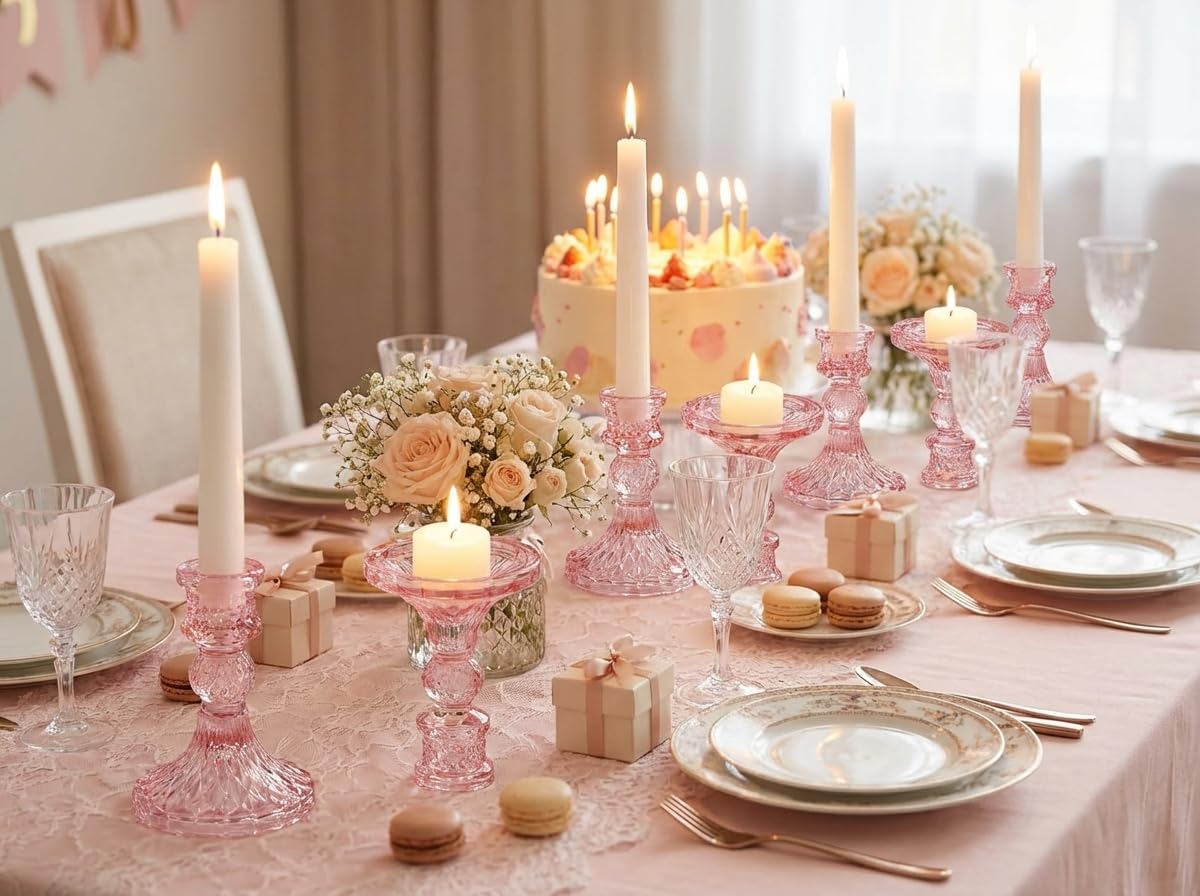 Glass Candle Holder Set of 12, Pink Taper Candle Holders Bulk, Vintage Candlestick Holders, Candle Stick Holder for Table Centerpieces, Wedding & Mother's Day