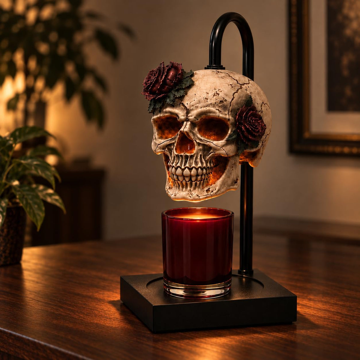 Skull Rose Candle Warmer Lamp, Hand-Painted Gothic Decor