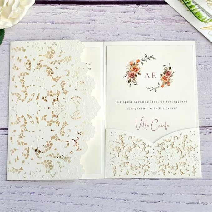 MillaSaw Ivory Embossed Laser Cut Invitation Pocket Envelope, Floral Engraved Invitation Sleeve, for Anniversary Bridal Shower Quinceañera Birthday Party (ivory)