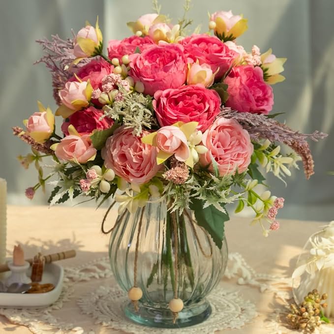 Artificial Peonies Silk Flowers Bouquet in Glass Vase Faux Flowers Bouquets Modern Penoy Arrangement for Home Decoration Table Centerpiece (Bouquet-Rose Red)