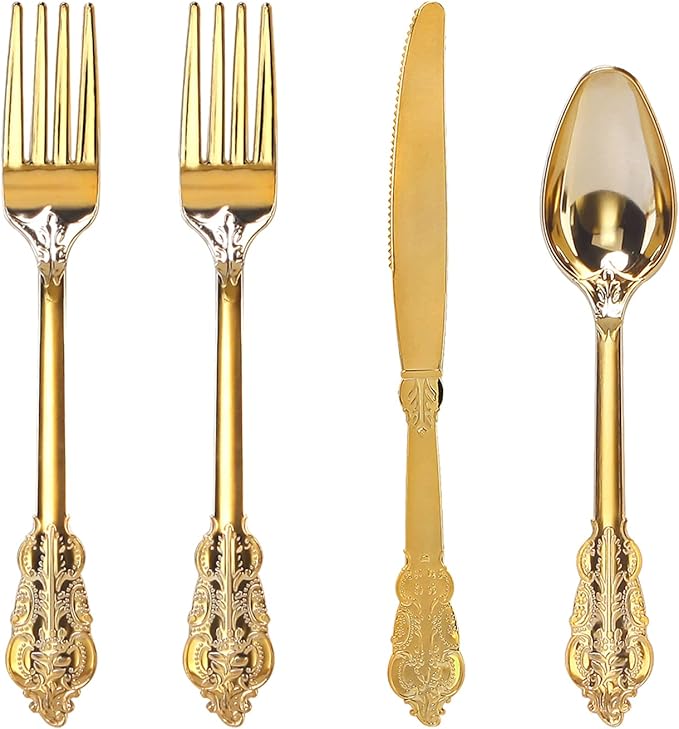 WDF 200 Pieces Gold Plastic Silverware Disposable - 50 Guests Heavy Duty Thanksgiving Gold Plastic Cutlery - Disposable Utensils Includes 100 Forks, 50 Spoons, 50 Knives Perfect for Party/Weeding