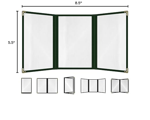 Goodsmart Restaurant Menu Covers – 25 Pack Green 6-View Trifold 5.5" x 8.5", Side-Loading Vinyl & Plastic Menu Holders, Clear Menu Sleeves, Leather-Style Café Covers with Gold Corners