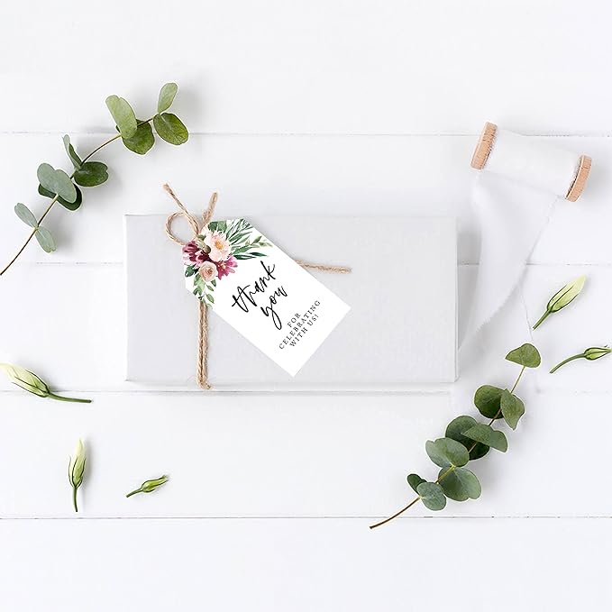 Andaz Press 100-Pack Thank You for Celebrating with Us Favor Tags Spring Watercolor Florals Cardstock Gift Tags with Bakers Twine for Wedding Baby Shower Bridal Shower Party Favors 2 x 3.75-Inches
