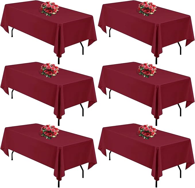 Burgundy 6 Pack Polyester Table Cloth 60 x 102 Inch, Rectangle Tablecloths for 6 Foot Tables Washable Table Cloth for Party Wedding