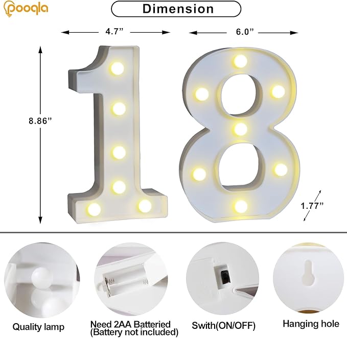 Pooqla 18th Birthday Decorations for Girls Boys, 35 Colors LED Light Up Numbers with Remote, Multicolor Marquee Numbers 18 Sign for Party Wedding Anniversary Decor 18th Birthday Gift, Number 18