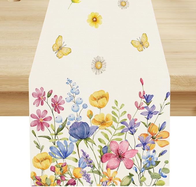 Flower Table Runner, Colorful Watercolor Pink Flower Plants Nature Butterfly Table Runner for Kitchen Dinner Living Room Home Party, 13x70 Inch