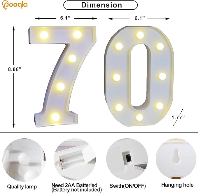 Pooqla 70th Birthday Decorations for Her Him, 35 Colors LED Light Up Numbers with Remote, Multicolor Marquee Numbers 70 Sign for Party Wedding Anniversary Decor 70th Birthday Gift, Number 70