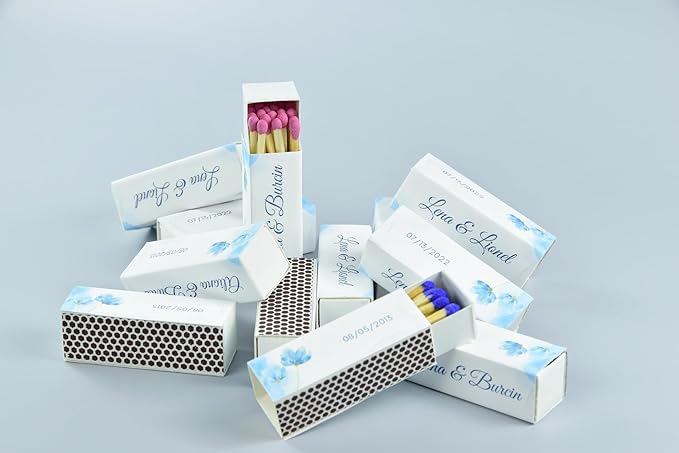 Custom Matchboxes - Set of 10 - Personalized - 2" Inch Long - Colorful Matchsticks - Weddings – Wedding Favor - Matchboxes, Custom Matchbox (2" Matchsticks, Wedding Design #3)