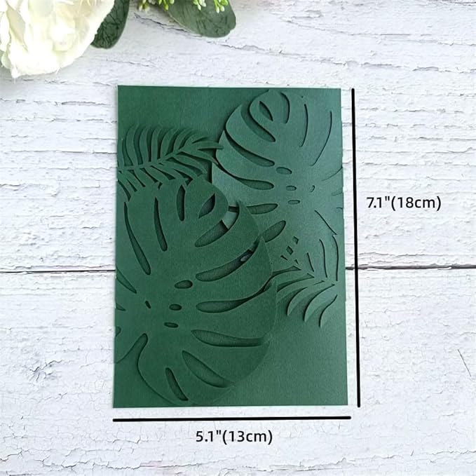 MillaSaw Emerage Green Laser Cut Invitation, Plame Wedding Laser Cut Jacket for 5x7 Card, Tropical Scene Wedding Invitation (emerage green)