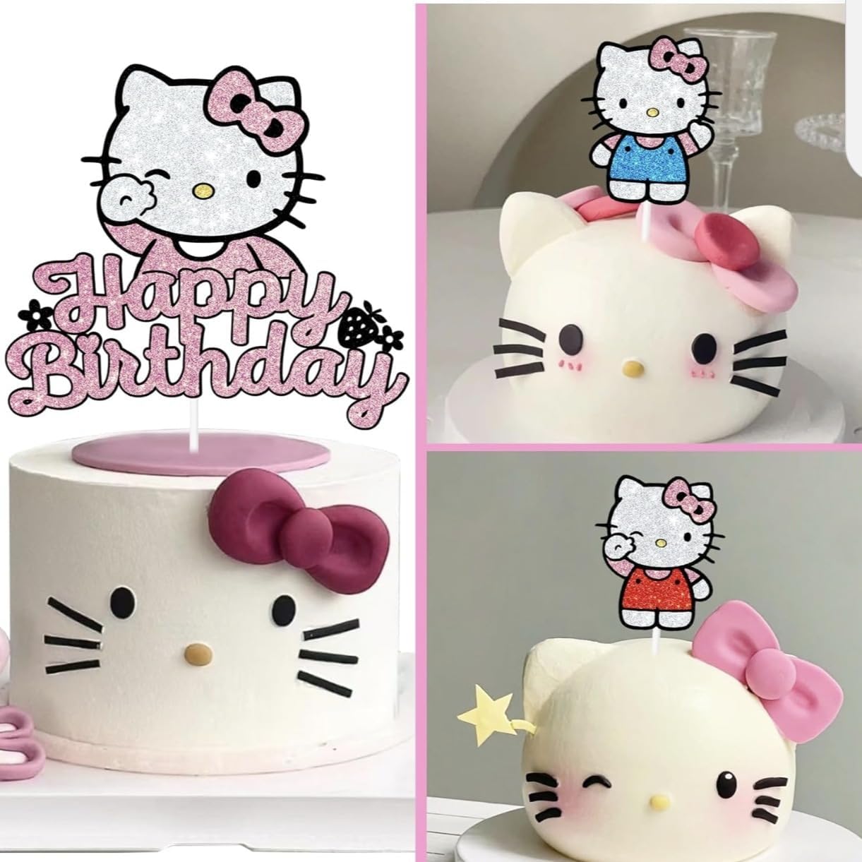 Birthday Cake Decorations, Cute Pink Glitter Happy Birthday Cake Toppers, Cartoon Party Supplies