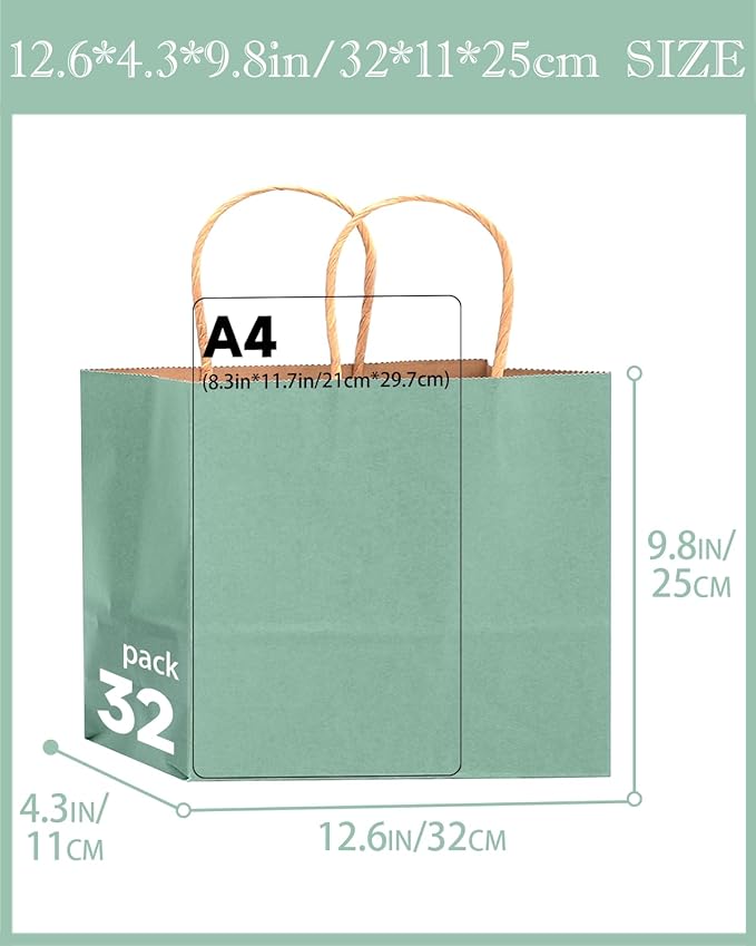 qiqee 100PCS Large Gift Bag with Handles Bulk 13"x4.5"x10" Gift Bags Kraft Light Blue Multiple Uses (32x11x25cm,Wide Large)