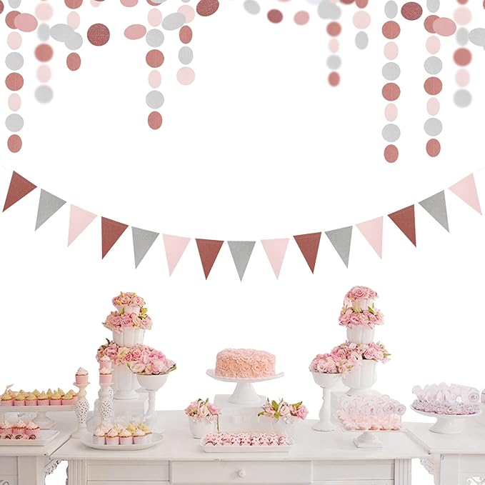 Rose-Gold Pink Silver Party Decorations - 52Ft Paper Streamer Women Girls Happy Birthday Decoration Baby Bridal Shower Garland Bachelorette Banner Engagement Brunch Mothers Day Decor