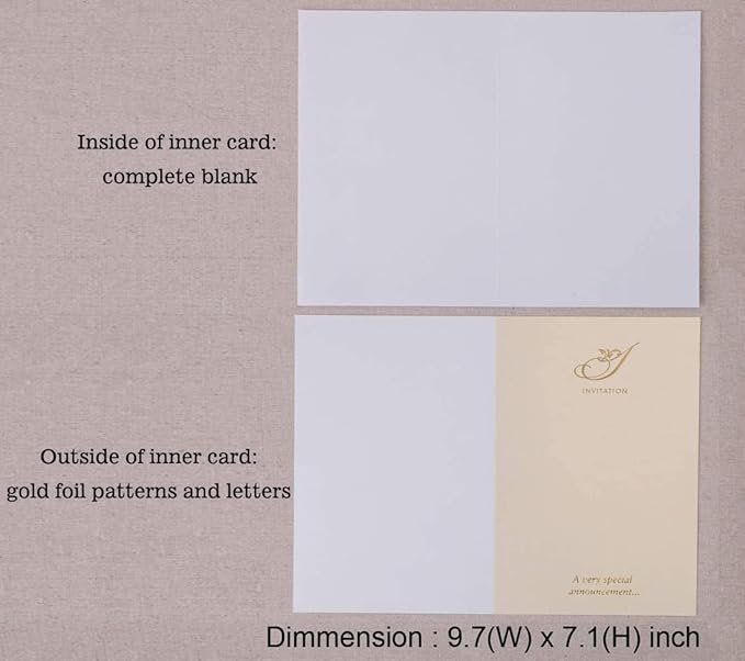 Hosmsua 50PCS Customized Ivory Wedding Invitations Kit 5.12x7.2 Inch Laser Cut Gold Foil Hollow Flora Lace Sleeve Pocket Wedding Quinceanera Invitation with Envelopes