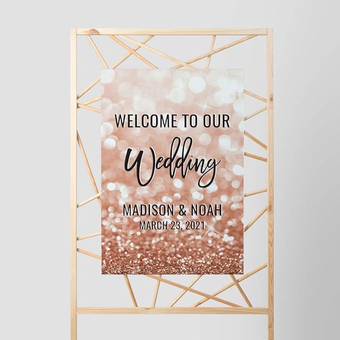 Andaz Press Personalized Extra Large Wedding Easel Board Party Sign, 12x18-inch, Glitzy Faux Rose Gold Glitter, Welcome to Our Wedding Bride Groom Name Date, 1-Pack, Custom