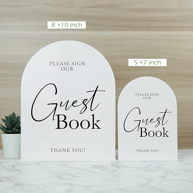 White Arch Acrylic Wedding Sign- 8"x10" Guest Book Sign and Base,1/8" Thick | Modern Calligraphy Arched Acrylic Table Sign for Wedding & Event Party