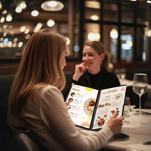 Goodsmart Restaurant Menu Covers - 25 Pack Black 8.5" x 11", 3-Page/6-View, Side-Loading Vinyl Menu Holders, Clear Sleeves, Double-Stitched Edge, Leather-Style Café Covers with Gold Corners