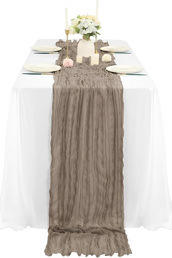 12Pcs Khaki Cheesecloth Table Runner 120 Inch10FT Nude Rustic Boho Cheesecloth Table Runnerfor Wedding Party Baby Shower Birthday Home Decor Holiday Decorations