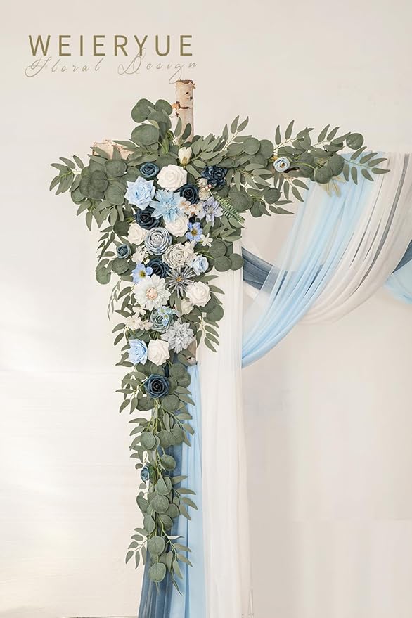 Deluxe Blue Artificial Wedding Arch Flowers with Drapes Kit-Pack of 5, 2pcs Flower Arrangements 3pcs Hanging Sheer Drapes Blue Ceremony Arbor Reception Backdrop Rose Floral Decorations.
