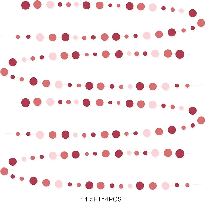 Burgundy Dusty Pink Decorations Circle Dot Garland Maroon Pink Hanging Polka Dot Streamer Banner for Wedding Birthday Bridal Shower Engagement Baby Shower Graduation Anniversary Garnet Party Supplies