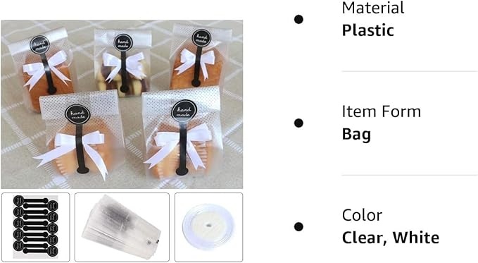 Cookie Bags for Packaging, Searik Translucent Plastic Cellophane Pastry Treat Bags for Party Gift Giving Bakery Bread Candy Chocolate Wrapping Goods with Stickers and Ribbon (3.5 x 8.8 Inches, 80 Pcs)