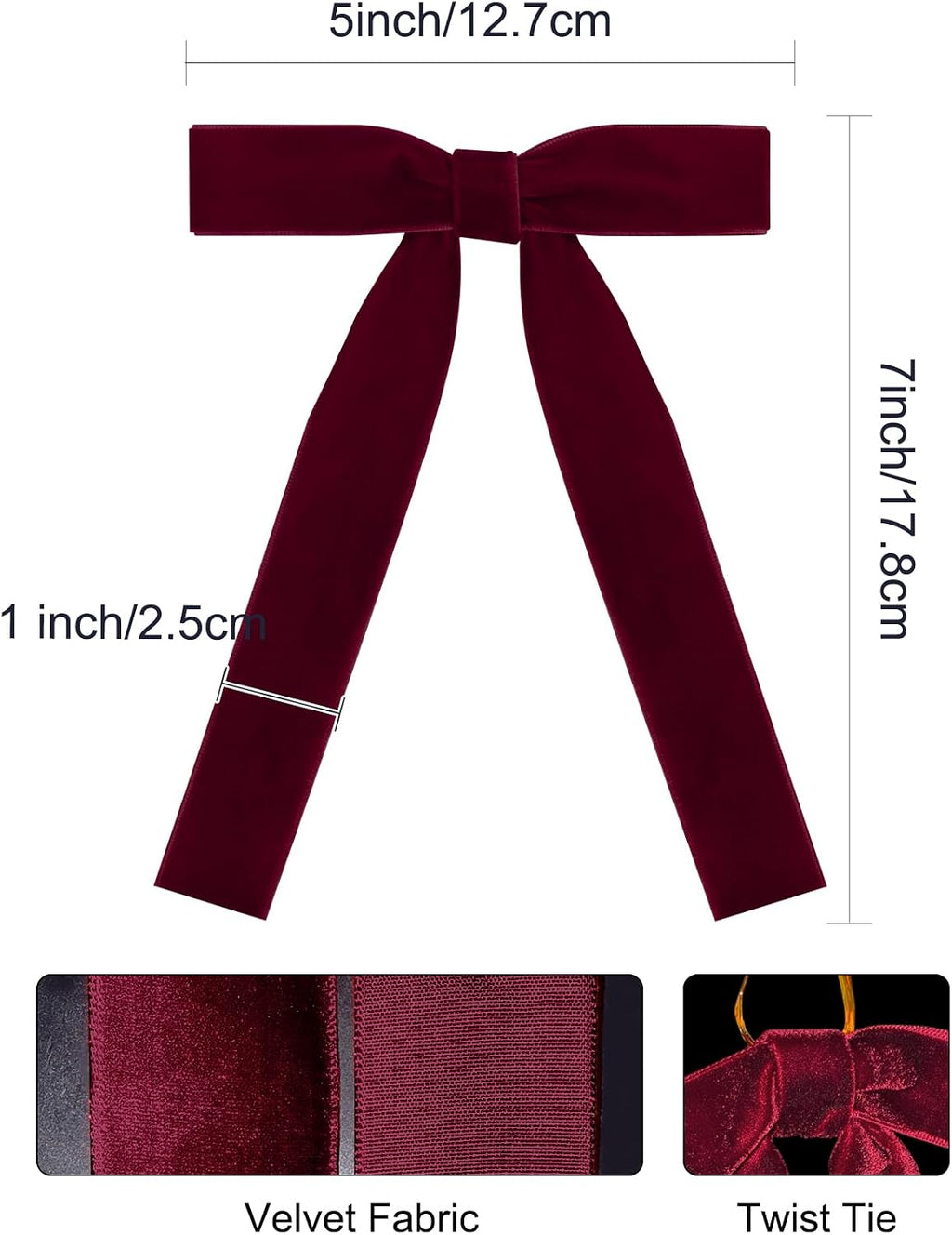 SIMISI RIBBON 24 Pcs Burgundy Velvet Bows Christmas Tree Ornaments Vintage Ribbon Bow for Tree Garland Wreath Rustic Crafts Gift Indoor Outdoor Xmas Decorations