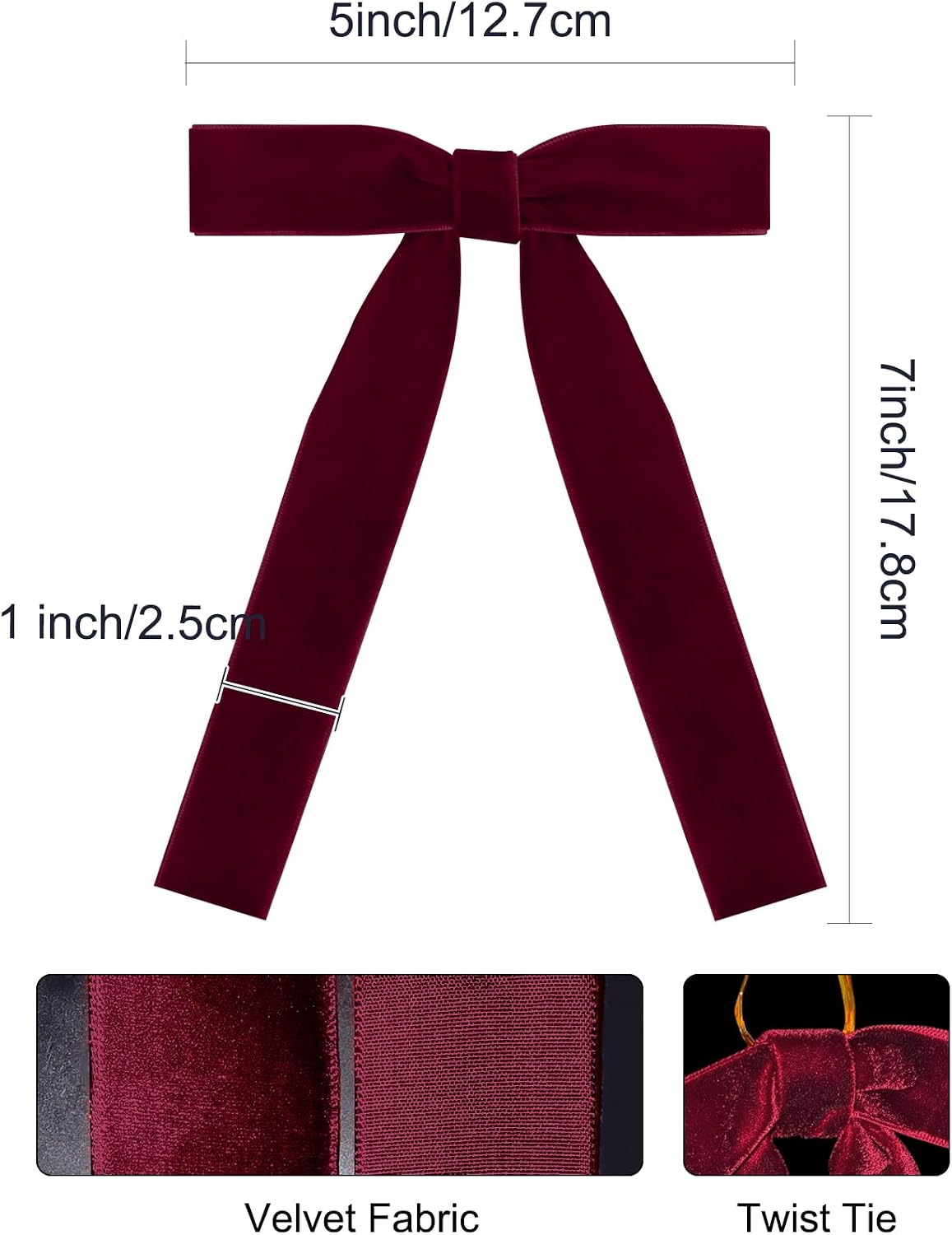 SIMISI RIBBON 24 Pcs Burgundy Velvet Bows Christmas Tree Ornaments Vintage Ribbon Bow for Tree Garland Wreath Rustic Crafts Gift Indoor Outdoor Xmas Decorations