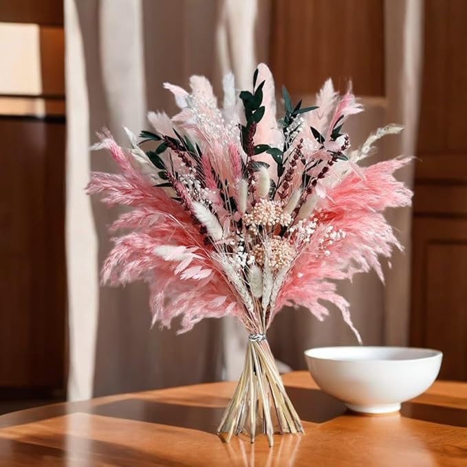 Pink Pampas Grass Dried Flowers Bouquet for Home Decor, Wedding Decor, Boho Style Floral Arrangement Without Flower Vase