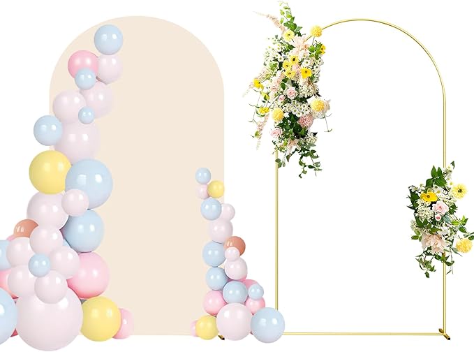 6FT Wedding Arch Backdrop Stand and Beige Arch Cover, Beige Spandex Fitted Backdrop Cover and Gold Wedding Arch Frame for Birthday Party Wedding Ceremony Bridal Baby Shower, Parties Decoration.