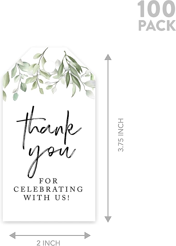 Andaz Press 100-Pack Thank You for Celebrating with Us Favor Tags Greenery Leaves Cardstock Gift Tags with Bakers Twine for Wedding Baby Shower Bridal Shower Birthday Party Favors 2 x 3.75-Inches