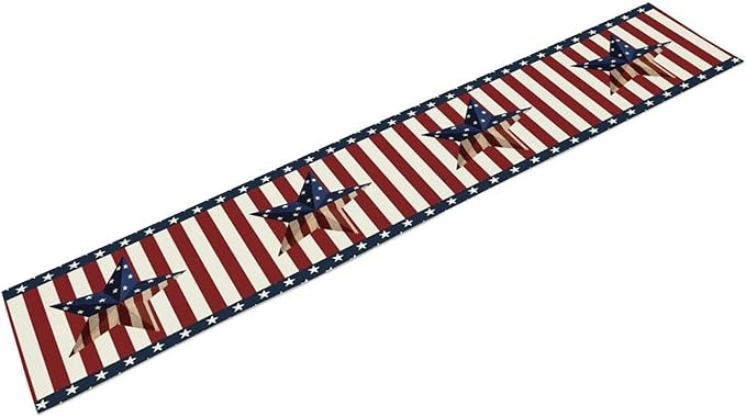 4th of July Table Runner, Patriotic Independence Day American Stars Stripes Flag Print Table Runner for Farmhouse Kitchen Dining Holiday Birthday Party, 13x60inch