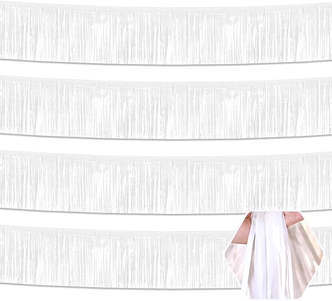 4 Pack 10 Feet White Foil Fringe Garland Metallic Tinsel Streamers Banner Wall Hanging Curtain Backdrop for Parade Floats, Wedding, Graduate, Mother's Day, Birthday Party Decoration