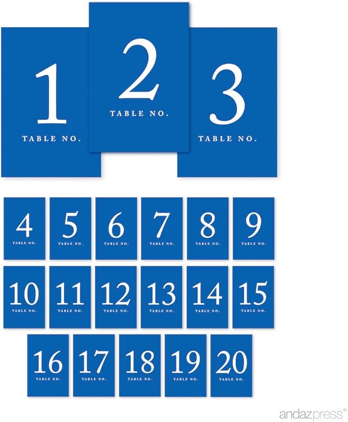 Andaz Press Royal Blue Table Numbers 1-20, 4x6-Inches - Versatile for Wedding, Restaurant, Classroom, Boda