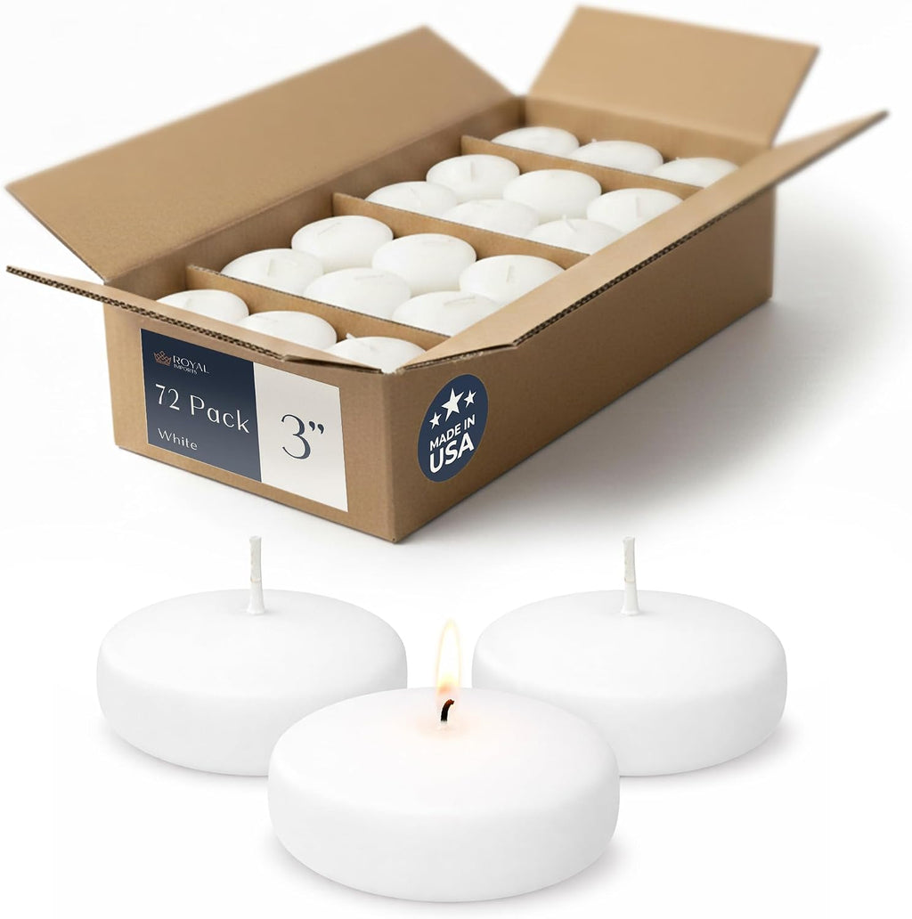 Floating Candles 3 inch White, Unscented Dripless Wax Discs | Made in USA Long Burning Floating Candles for Centerpieces 8-10 Hour Burn Time, Weddings, Parties, Home Décor & Holidays - Royal Imports
