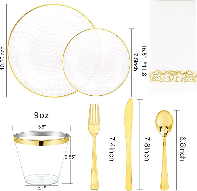Rubtlamp 350 Pcs Clear Gold Plastic Plates, Hammered Disposable Dinnerware, Clear-Gold Plates Set Include 100 Plastic Platos, 150 Gold Disposable Silverware, 50 Cups And 50 Napkins for Party
