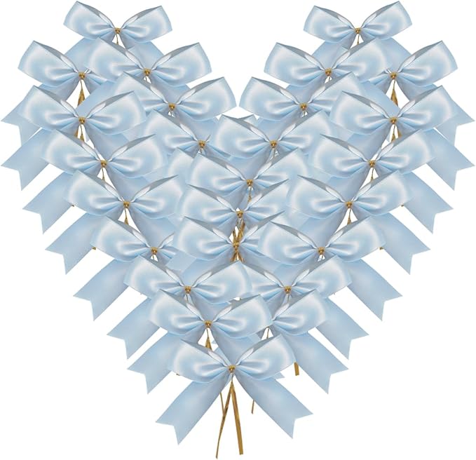 50pcs 3.5" Light Blue Satin Ribbon Bows Twist Ties Bows Wine Bows Tie with Fish Tail Cutting (Lt.Blue)
