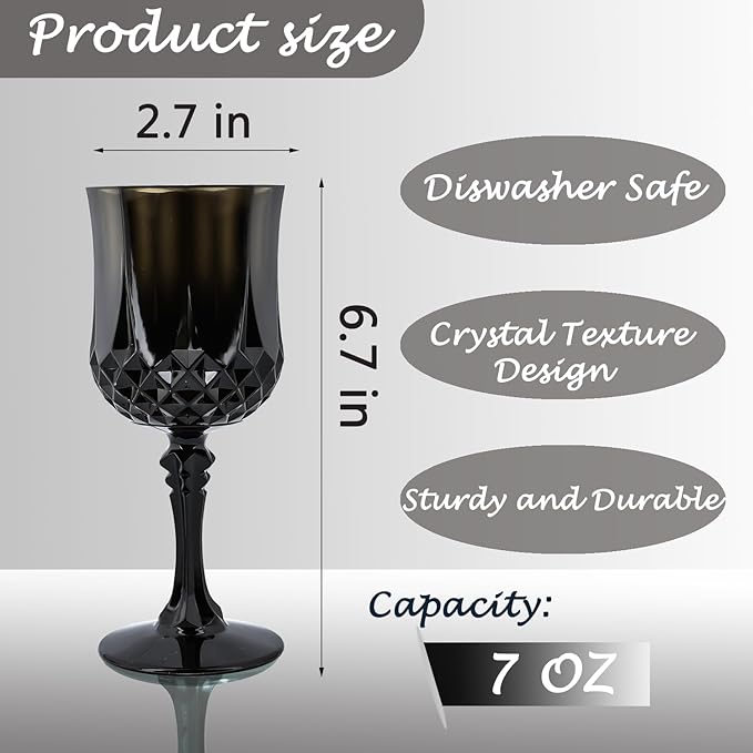 Plastic Wine Glasses，Plastic Goblets Vintage Style Cordial Drinking Glasses for Wedding Reception, Halloween Grand Event Party Supplies (24, Black)