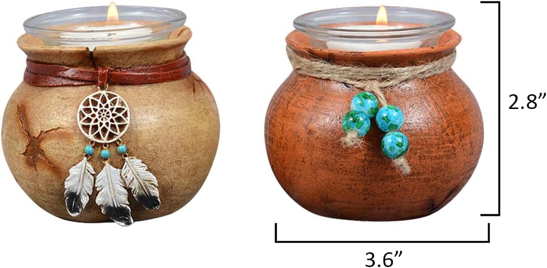 BLACK FOREST DECOR Southwest Pots Candle Holders – Set of 2 Rustic Votive Holders – Twine & Bead Accent – 3.6" x 2.8"