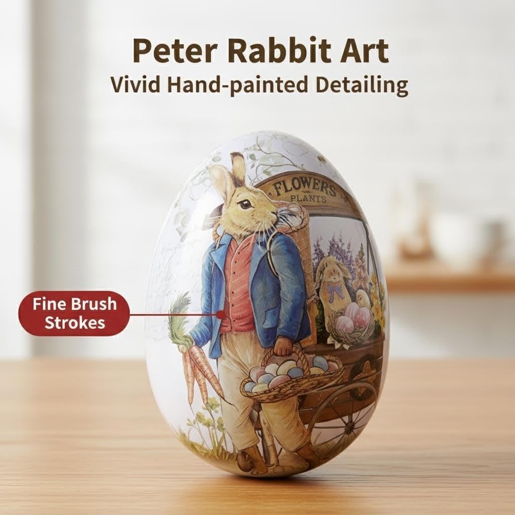 4.3" Medium Easter Egg Tin - Retro Rabbit & Carrot Metal Storage Box, Traditional Garden Style Egg Shaped Keepsake for Candies & Jewelry