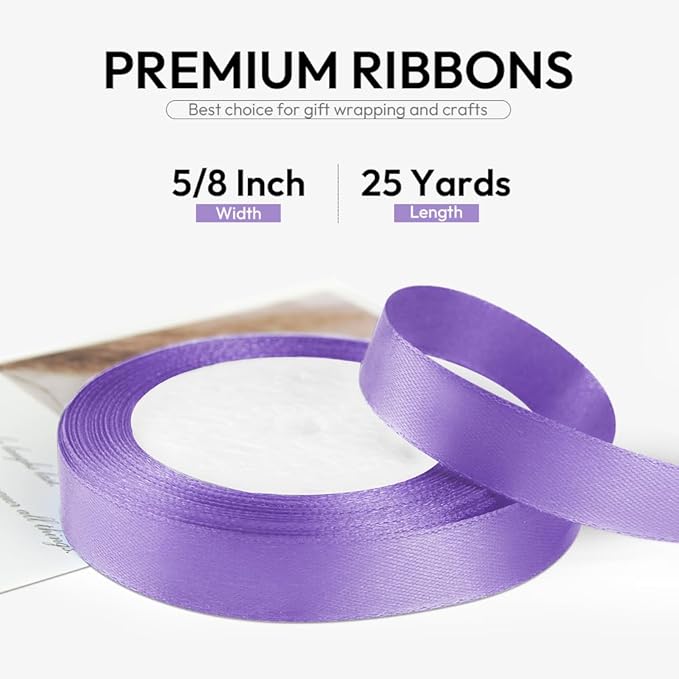 5/8 Inch 25 Yards Satin Ribbon Light Purple, Solid Color Fabric Ribbon for Gift Wrapping, Wedding, Polyester Gift Ribbon for Birthday Party Decoration, Craft, Hair, Floral, Sewing