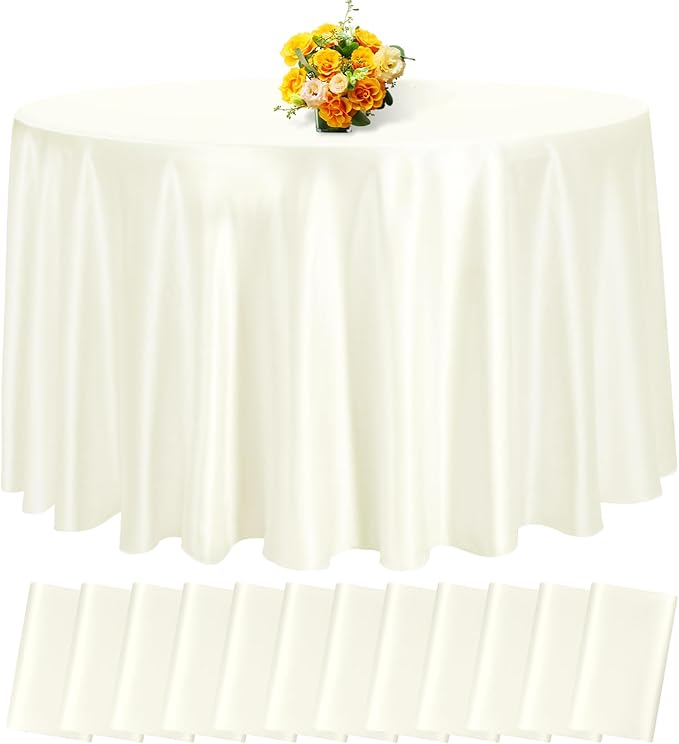 fani 12 Pack 108 Inch Ivory Satin Tablecloth - Premium Bright Silky Round Tablecloth Overlay Smooth Fabric Table Cover, Table Decoration for Wedding Party Banquet Events Restaurant Kitchen Dining