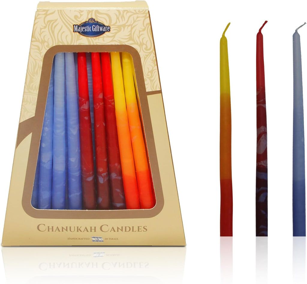 Majestic Giftware Multicolor Hanukkah Candles - CP15 | 45 Dripless Handcrafted Chanukah Candles for All 8 Nights of Hanukkah | Manufactured by Safed Candle Company in Israel (Blue/Red/Orange)