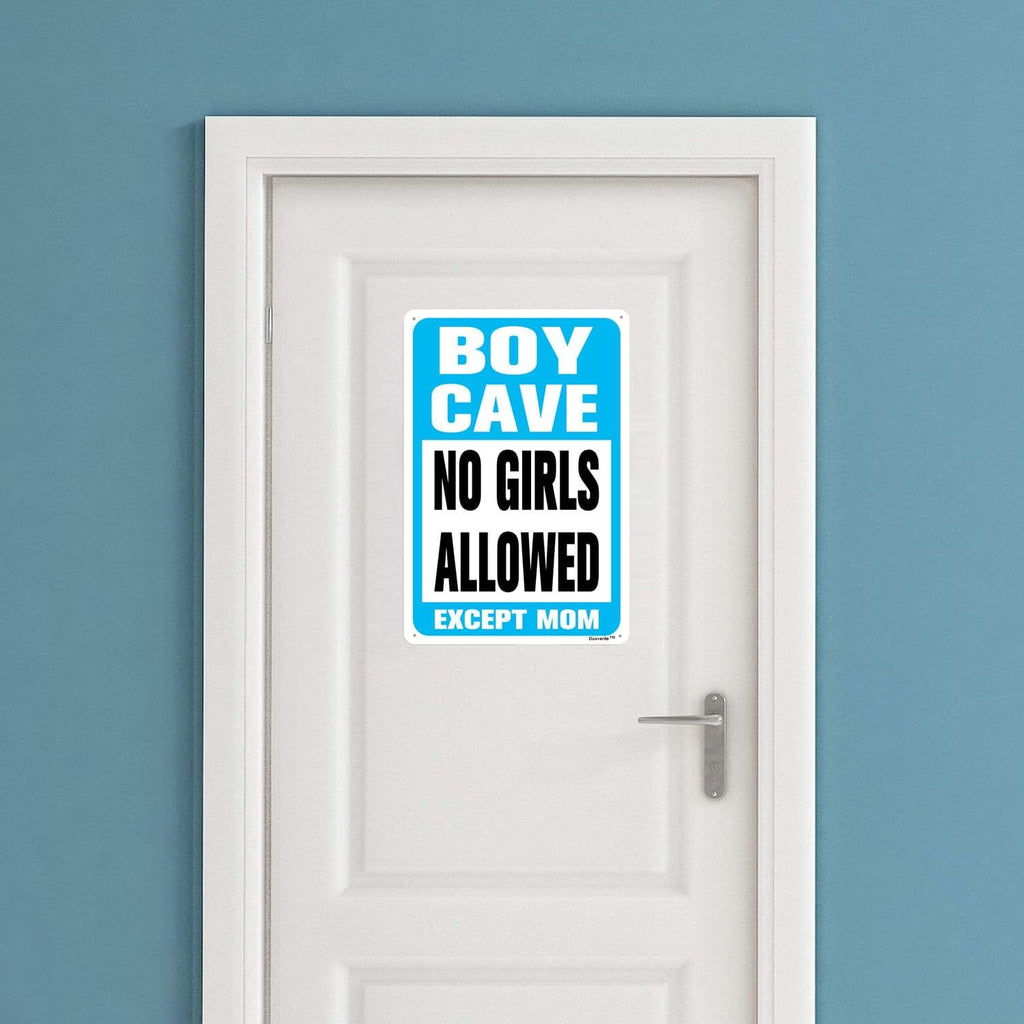 8"x12" Aluminum Sign, Boy Cave Signs No Girls Allowed Except Mom Sign, Blue Metal Sign for Little Man Cave Bedroom Living Room Wall Decor