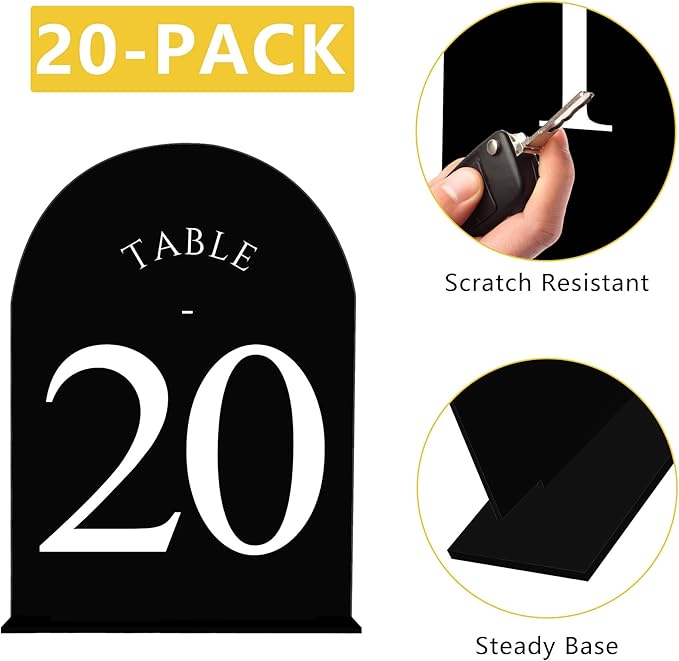 JOYIT Arch Wedding Table Numbers 1-20 with Stands – Double-Sided Printed 5" X 7" Acrylic Table Signs with Black Background White Text, Perfect Acrylic Table Numbers for Wedding Receptions, Parties, Anniversaries, and Events