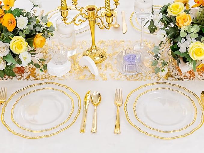 Hioasis 60pcs Clear Plastic Plates - Clear and Gold Disposable Dinnerware with Gold Rim, Heavy-duty, 7.5 inch, Dessert Plates for Party & Wedding