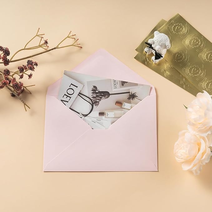 50 Pack Colored A7 Invitation Envelopes 5x7 with Gold Stickers for Cards and Invitations, 5 Colors (Pink, 5 1/4 x 7 1/4 inches)
