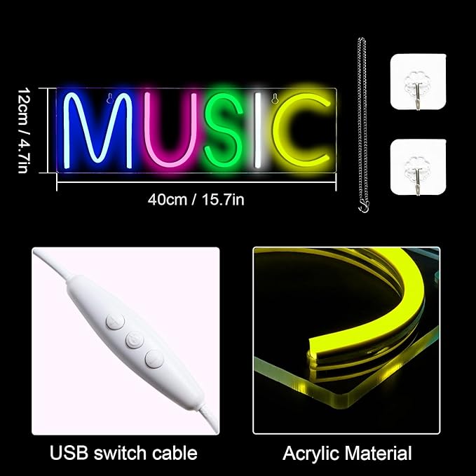 Lucunstar Music Neon Light,Neon Sign for Wall Decor Colorful Letters Neon Lights Sign Music Word LED Neon for Bedroom Game Room Club Bar Party Decoration,Game Room Decor,Room Decor